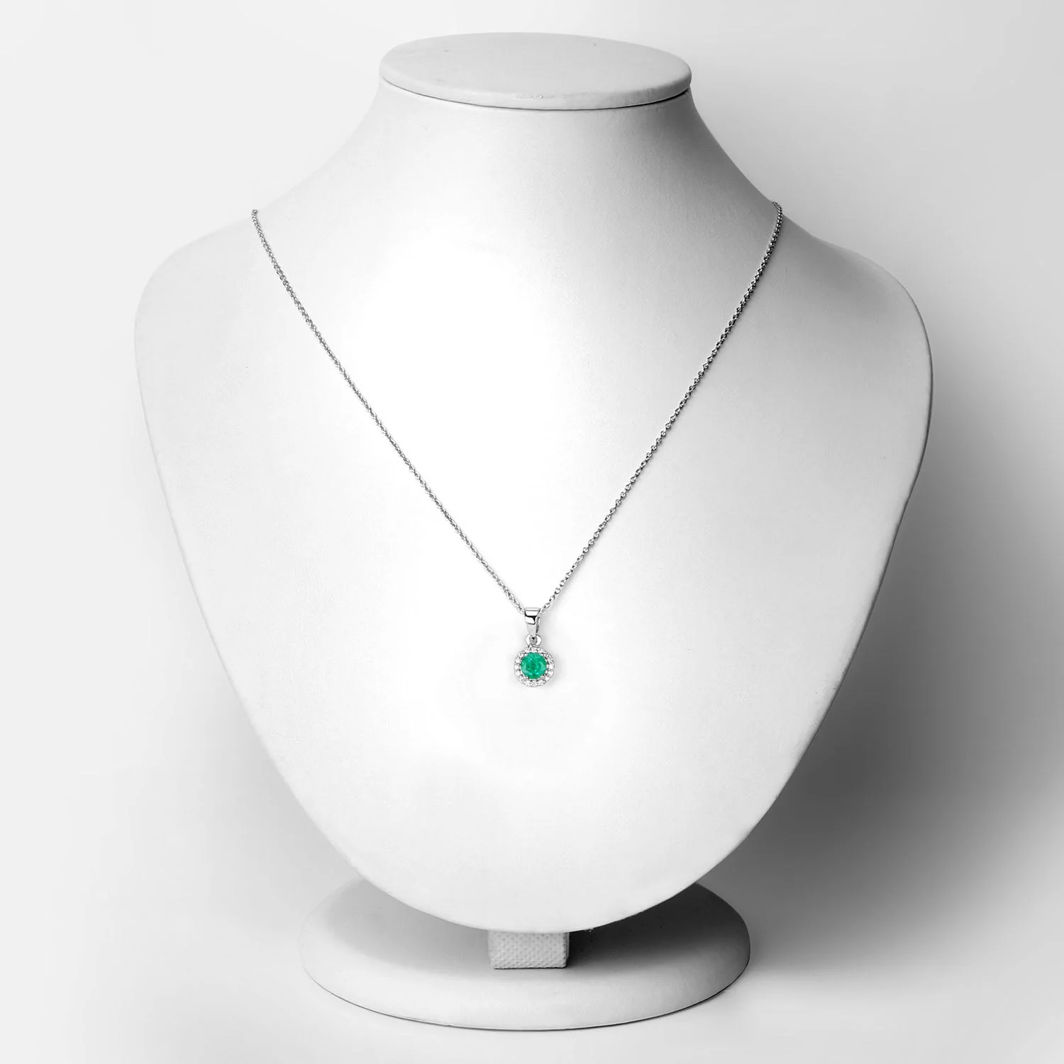 Genuine Zambian Emerald and Lab Diamond Silver Round Halo Necklace - Image 2