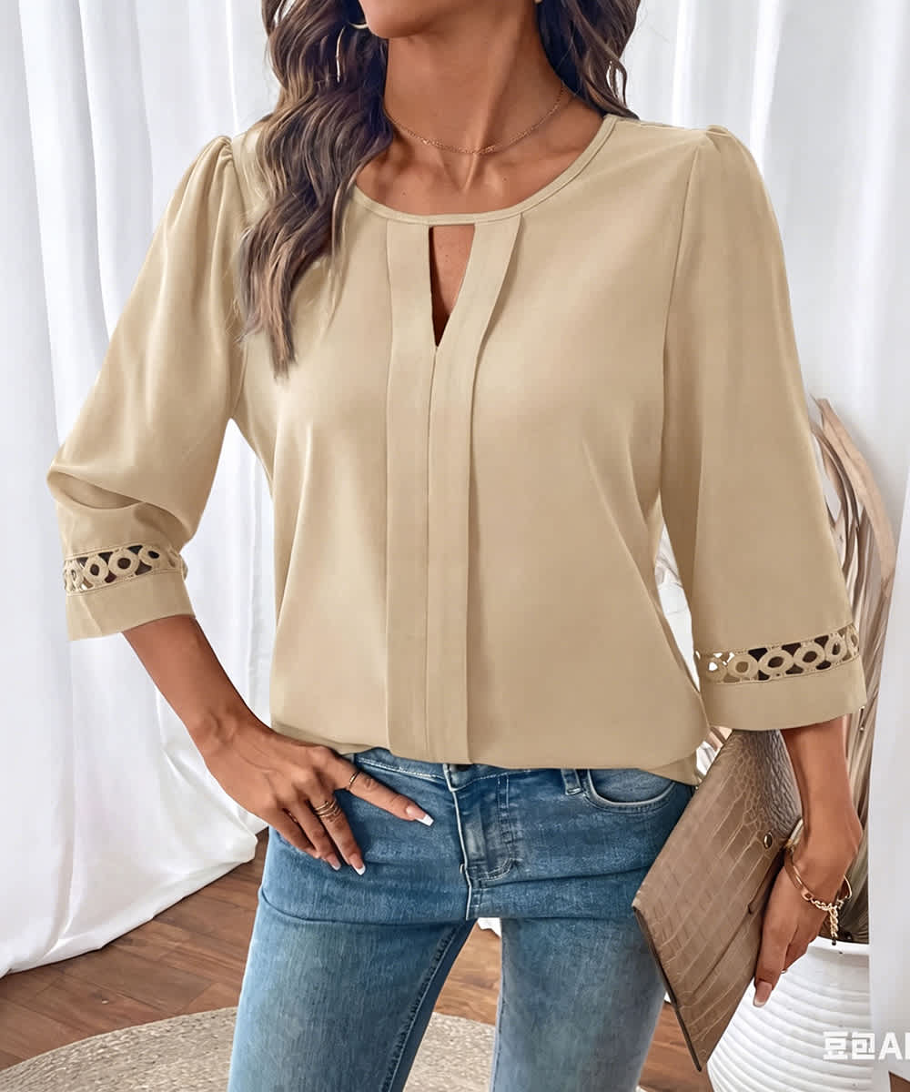 Aria Romance Geometric Lace-Trim Keyhole Blouse - Image 9