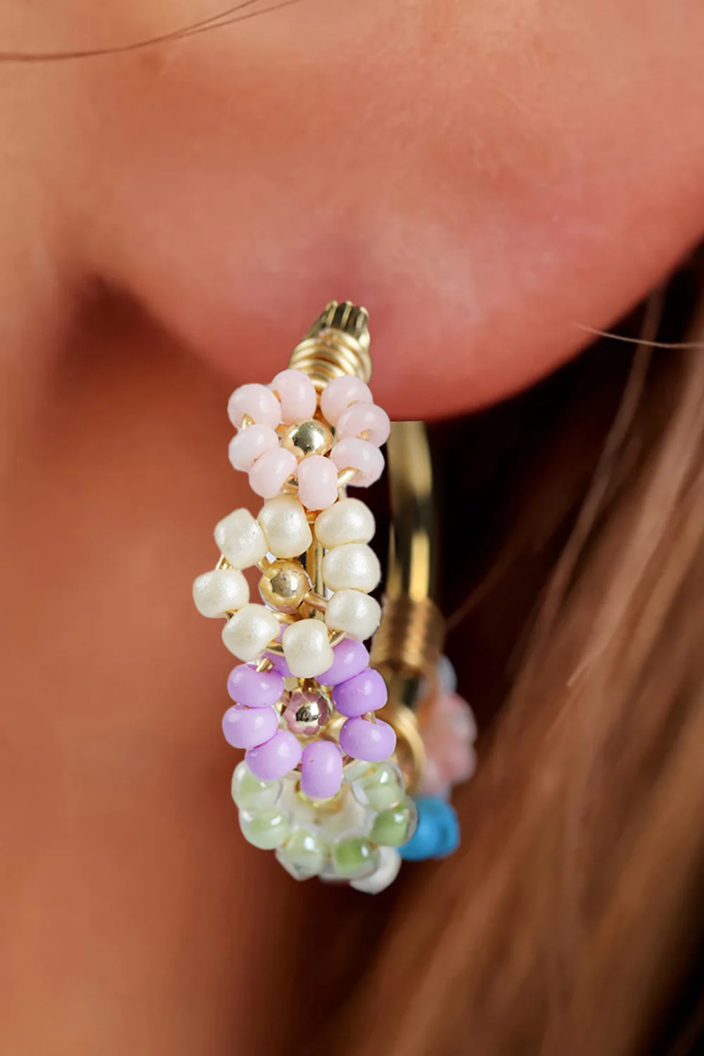 Gold Beaded Flower Hoop Earrings - Image 3