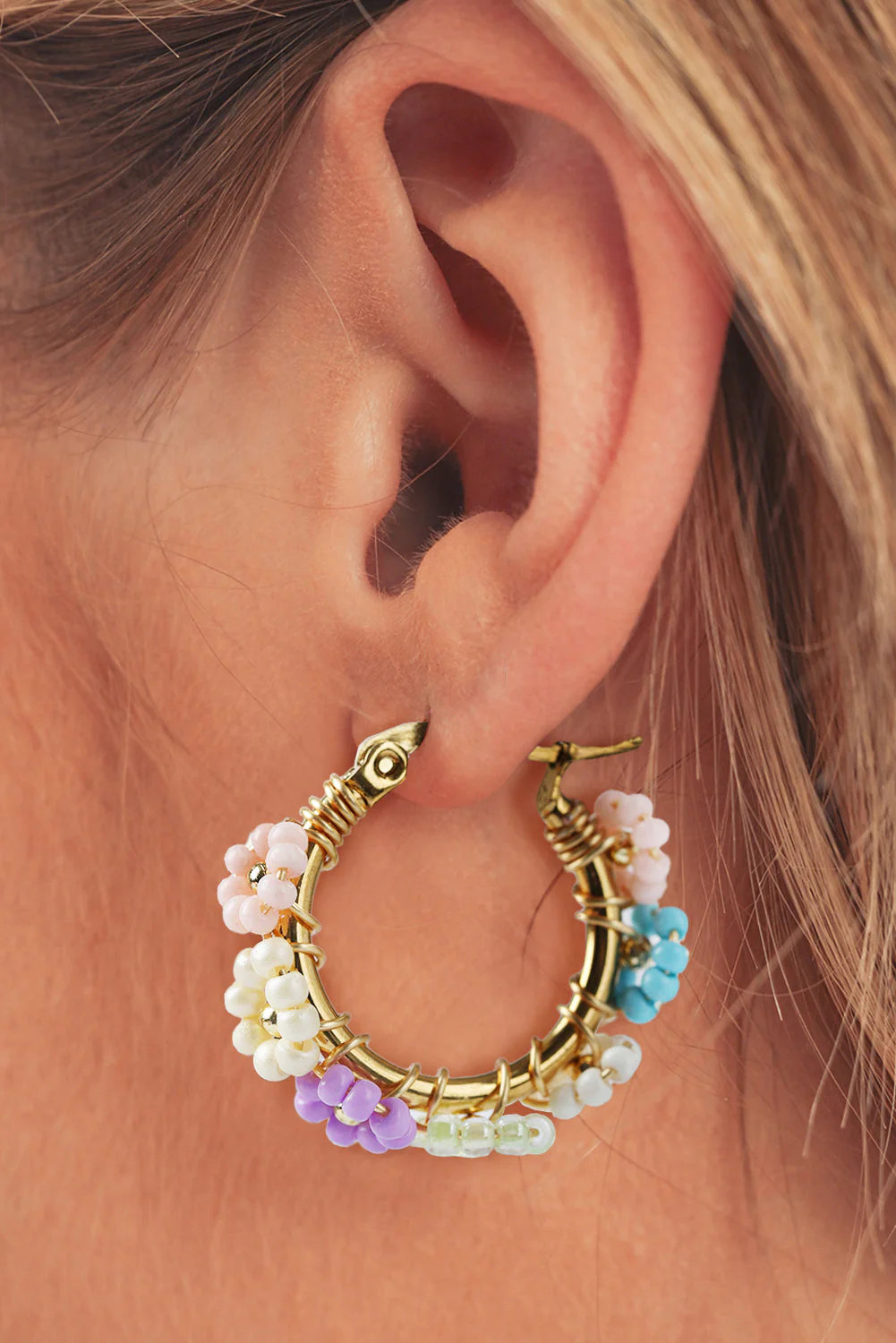 Gold Beaded Flower Hoop Earrings - Image 4