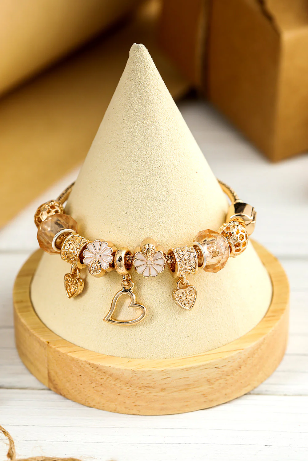 Threaded Pear Gold Flower Heart Charm Plated Alloy Bracelet - Image 2