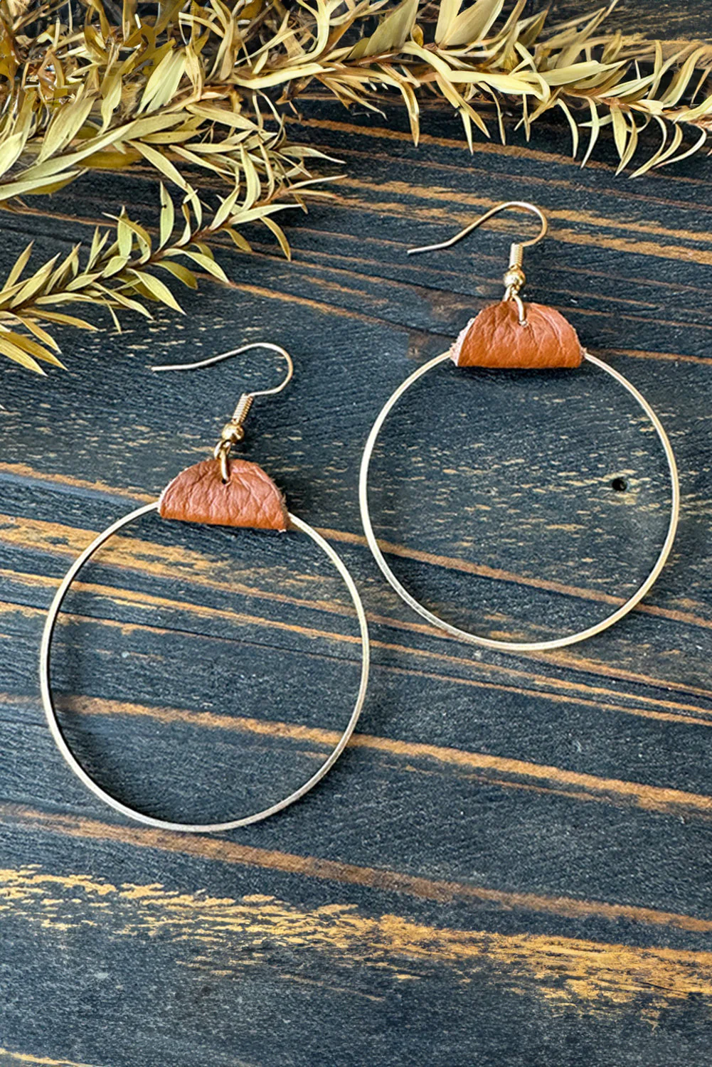 Gold Leather Hoop Earrings - Image 4