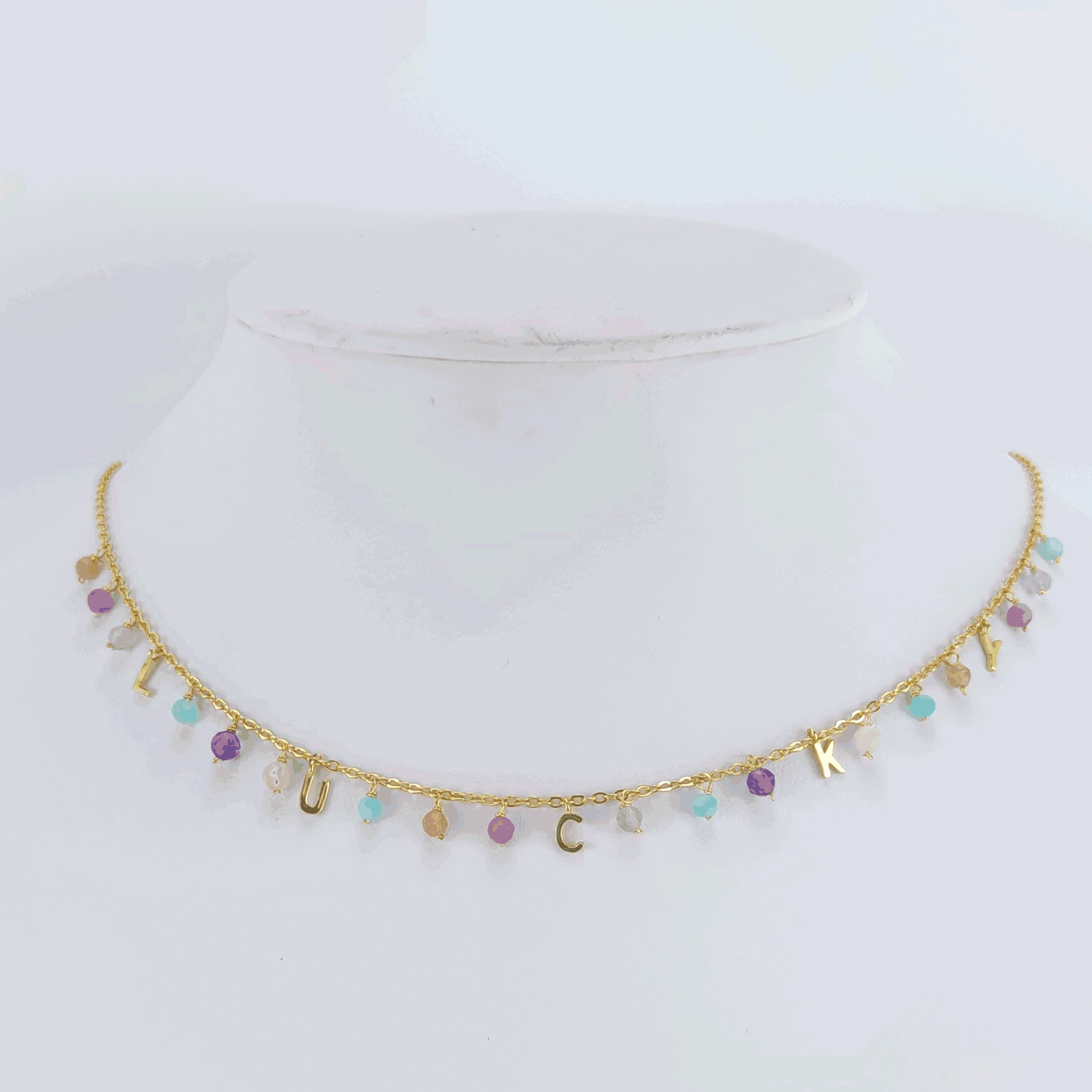 Gold Over Sterling Silver Natural Amazonite, Labradorite, Red Tourmaline, Orange Moonstone, Pink Opal and Amethyst Lucky Necklace 18" - Image 4