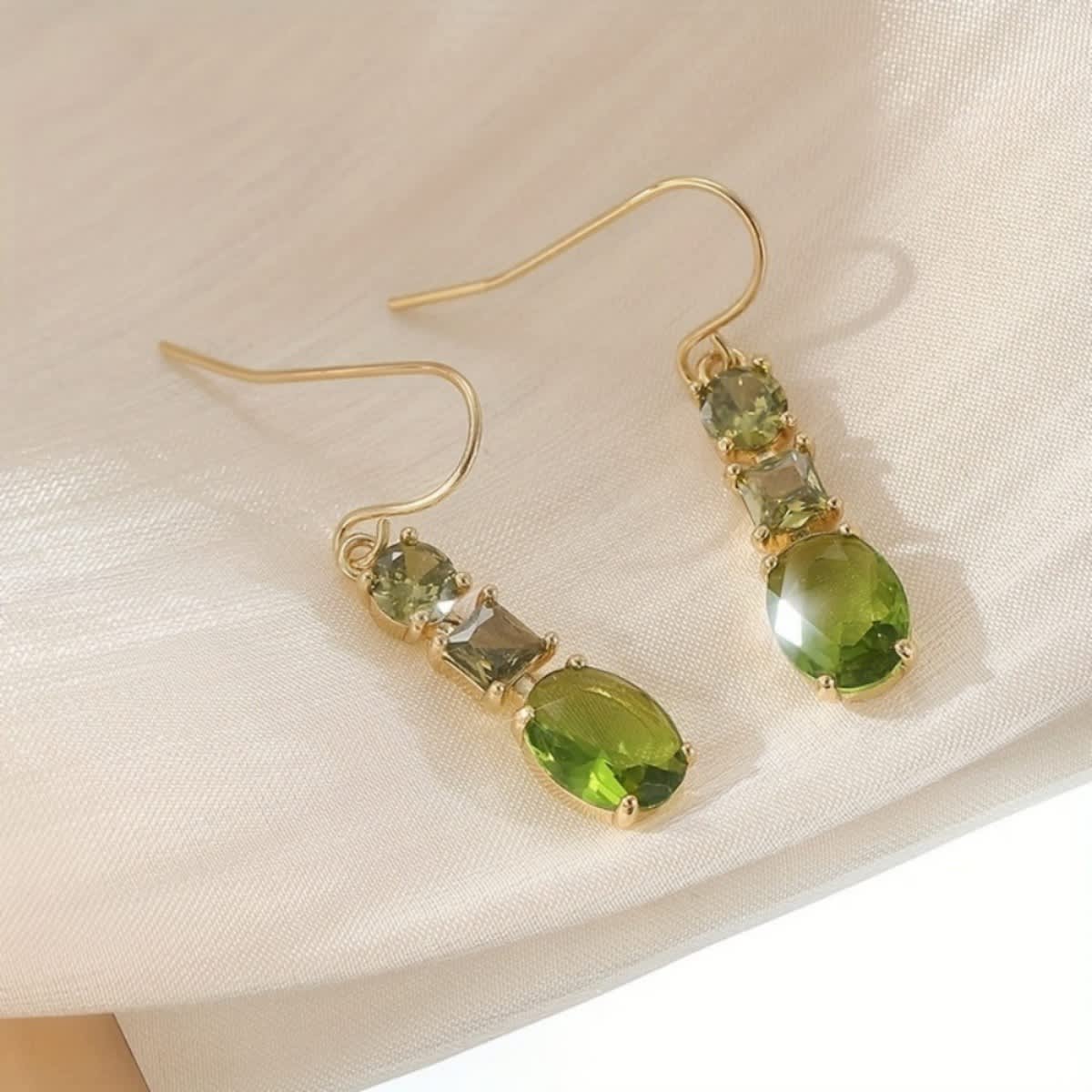 Green CZ Dangle Hook Earrings