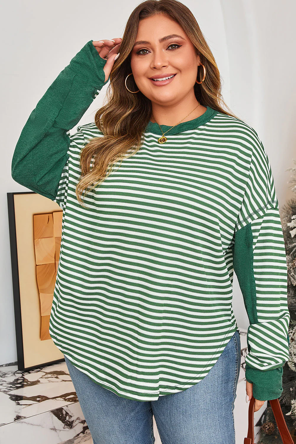Threaded Pear Green Stripe Exposed Seam Patchwork Plus Size Thermal Top - Image 4
