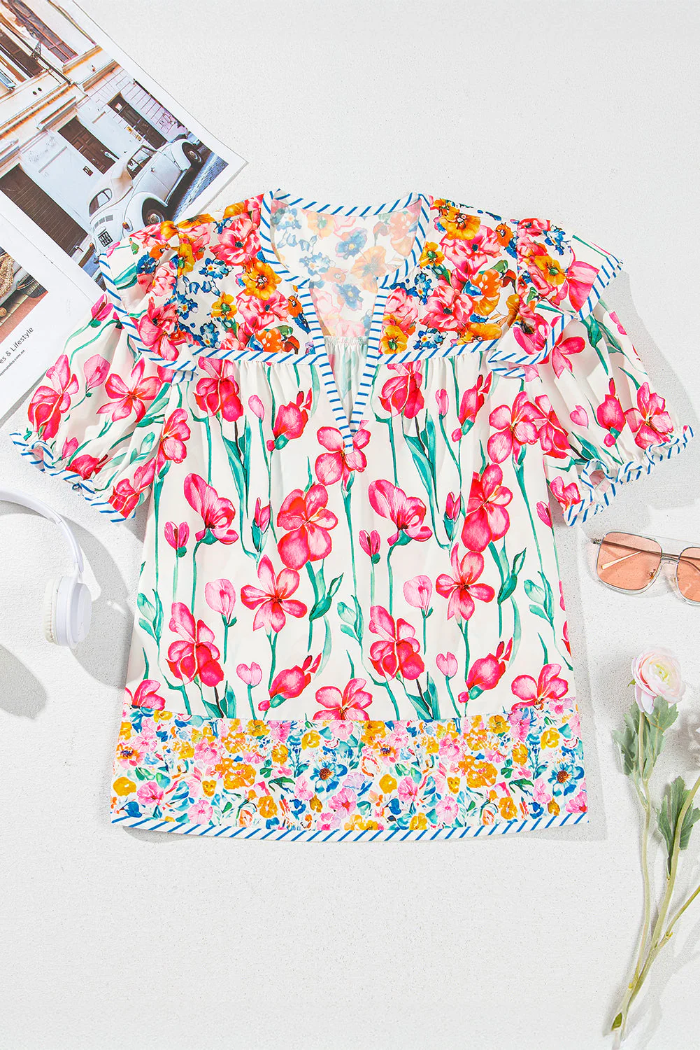 Threaded Pear Greta Floral Split Neck Short Sleeve Blouse - Image 4