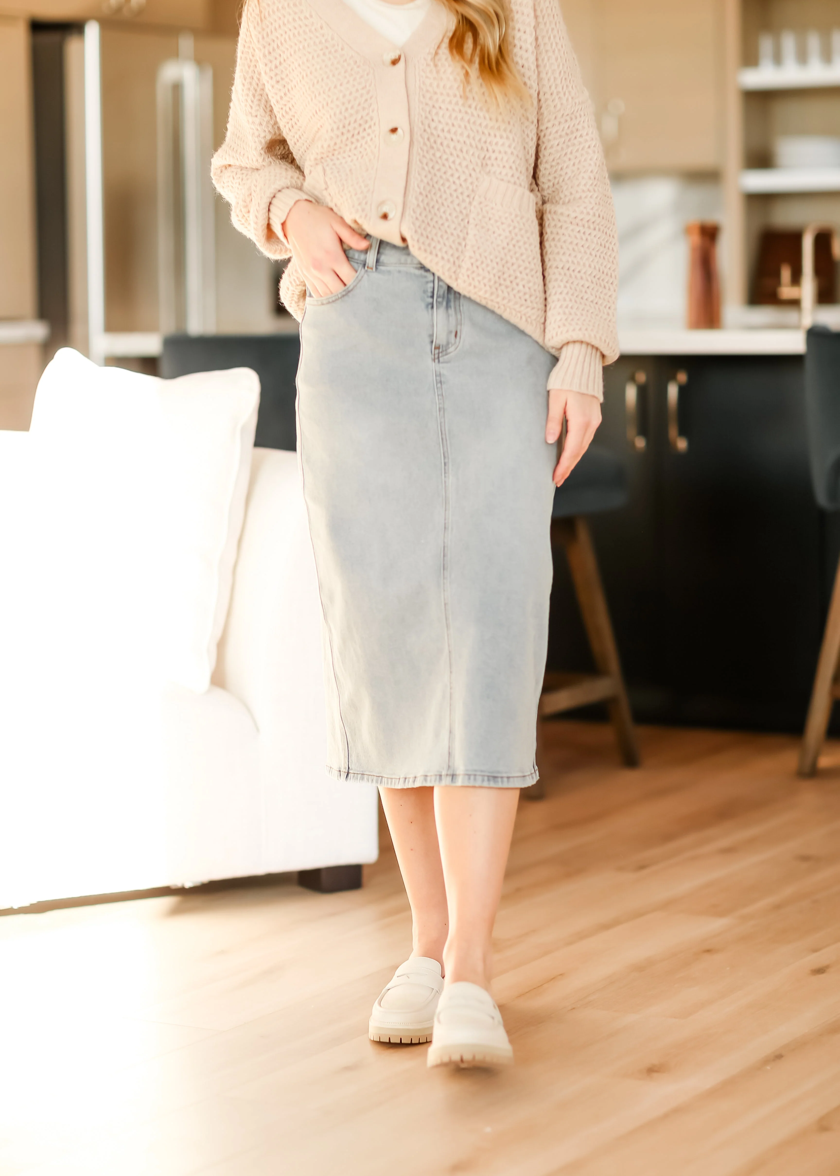 Greta Light Wash Midi Denim Skirt - Image 9