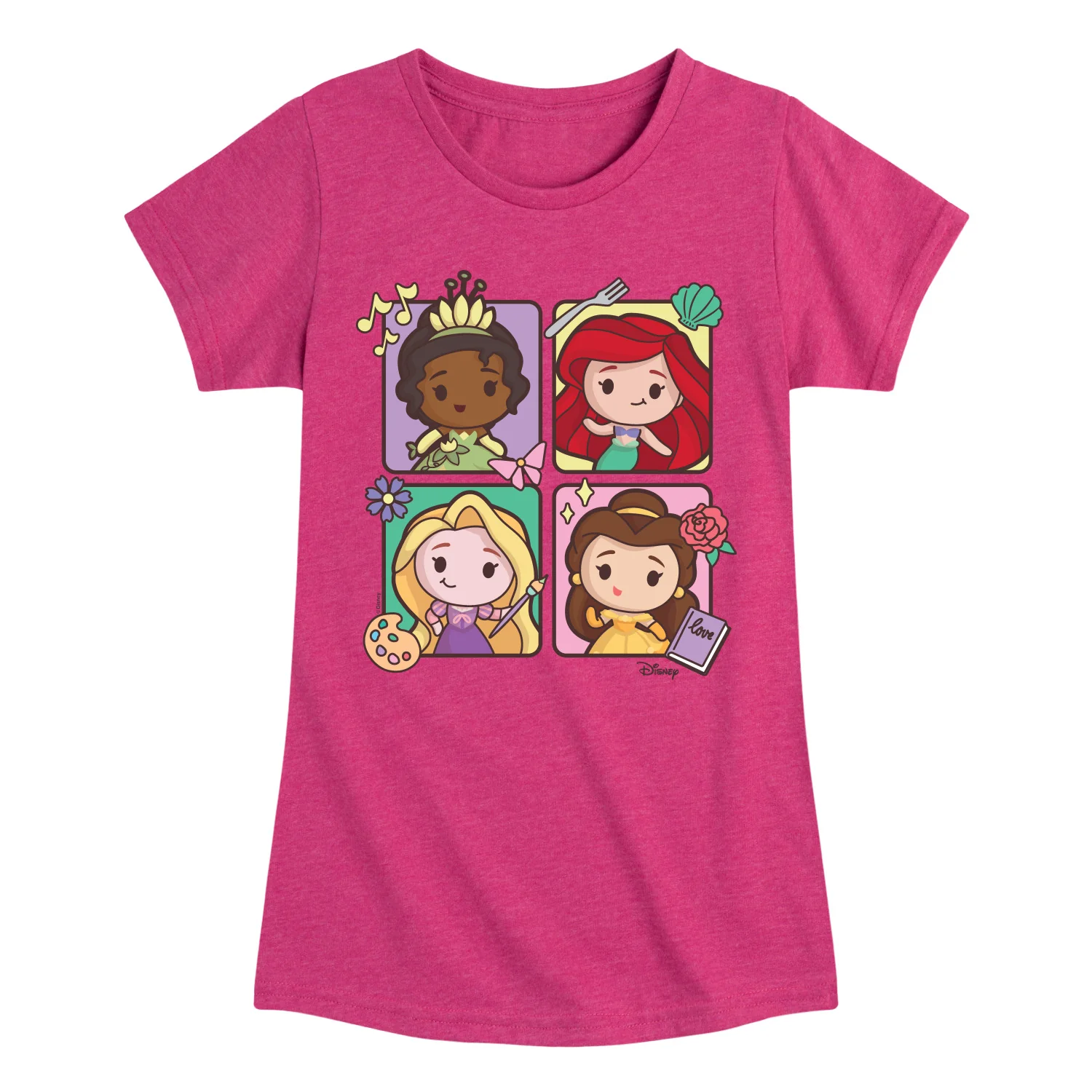 Disney Princess - Tiana Ariel Rapunzel Belle Grid Chibi Kawaii- Girls Fitted Short Sleeve T-Shirt - Image 2
