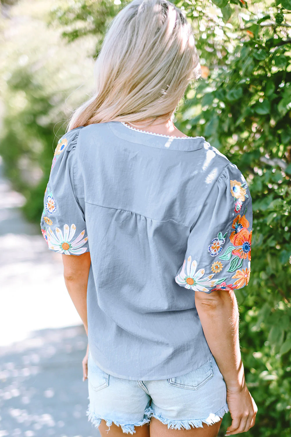 Threaded Pear Hadlee Floral Embroidered Puff Sleeve Split Neck Blouse - Image 2