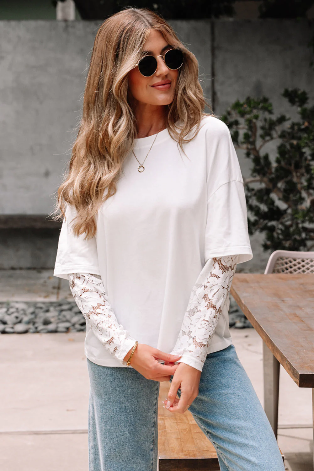 Threaded Pear Hallie Lace Long Sleeve Insert Drop Shoulder Top - Image 4