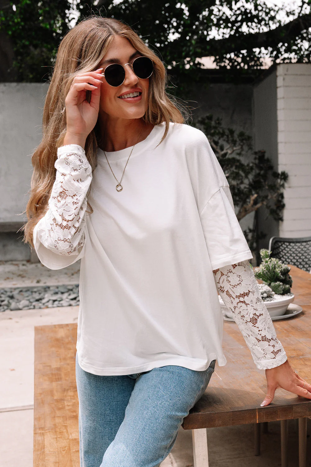 Threaded Pear Hallie Lace Long Sleeve Insert Drop Shoulder Top - Image 5