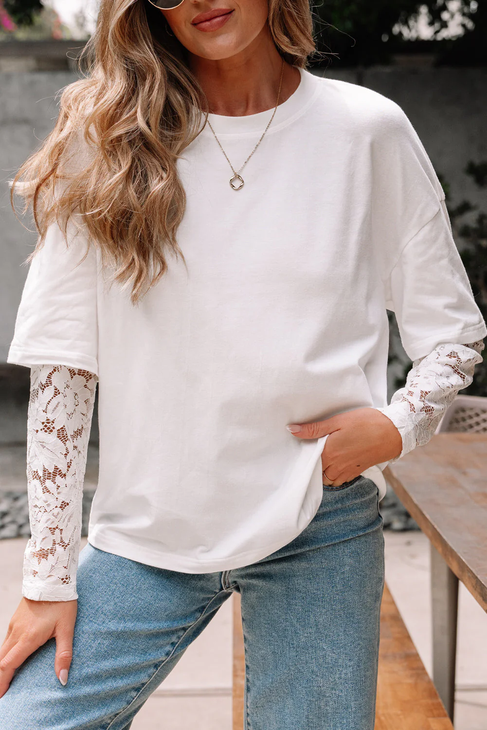 Threaded Pear Hallie Lace Long Sleeve Insert Drop Shoulder Top - Image 6