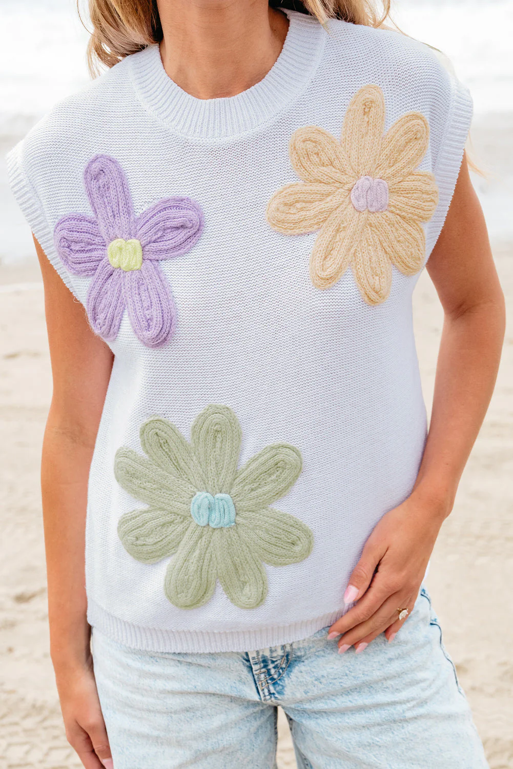 Threaded Pear Hannah Crochet Flower Knit Short Sleeve Sweater Top - Image 10