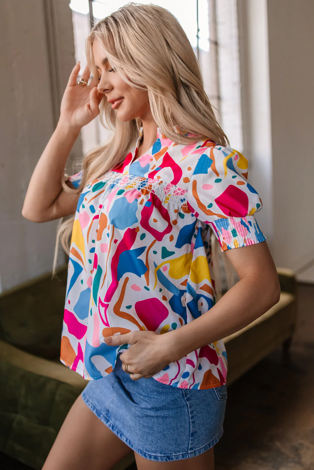 Threaded Pear Harper Shirred Short Sleeve Blouse - Image 3