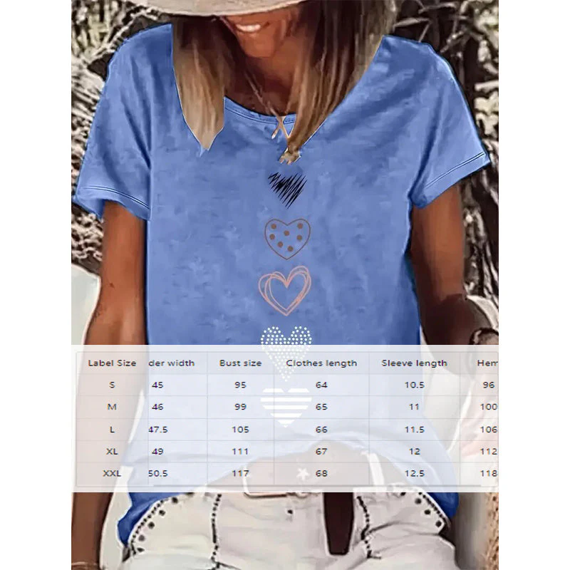 Heart Print T-Shirt Comfortable Round Neck Summer Tee - Image 4
