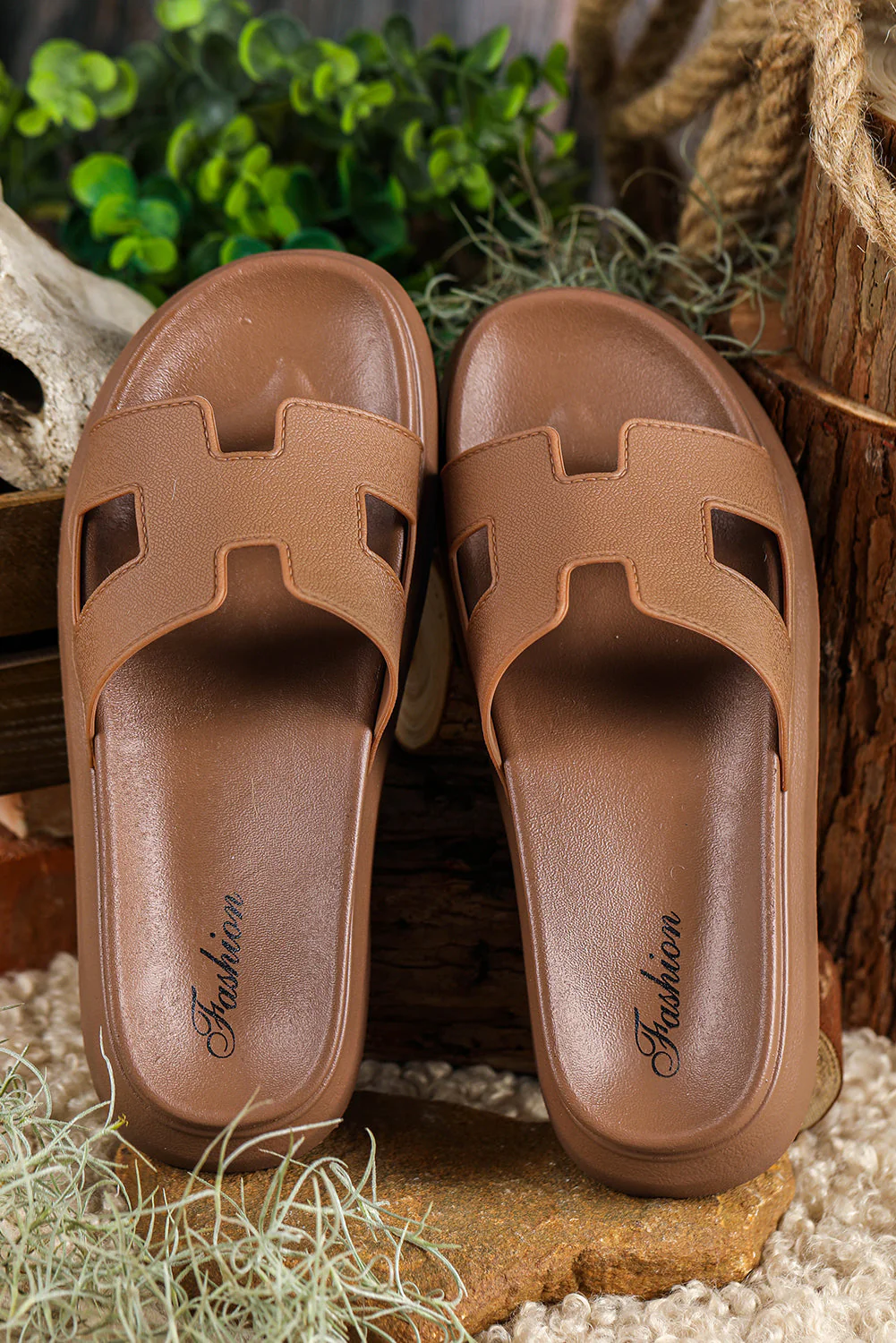 Threaded Pear Henley Cutout Design Open Toe Platform Slippers - Image 2