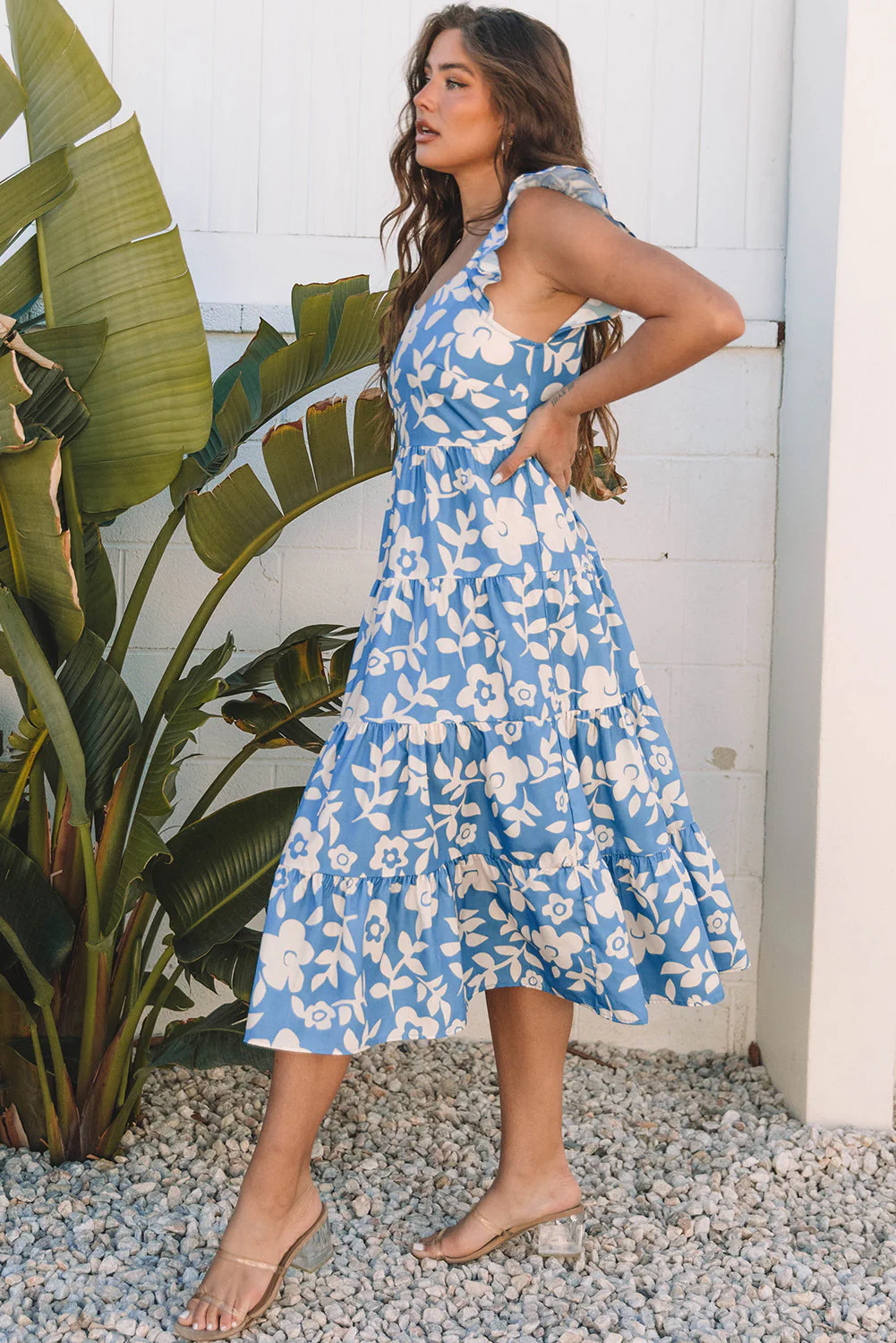 Threaded Pear Henley Floral U Neck Flutter Shoulder Tiered Midi Dress - Image 3