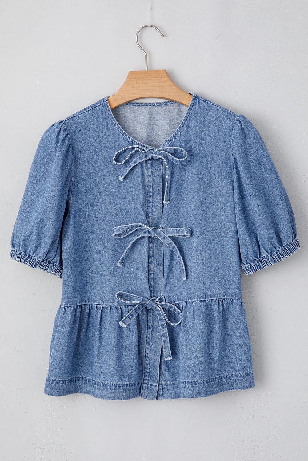 Threaded Pear Hope Tied Front Bubble Sleeve Peplum Denim Shirt - Image 4
