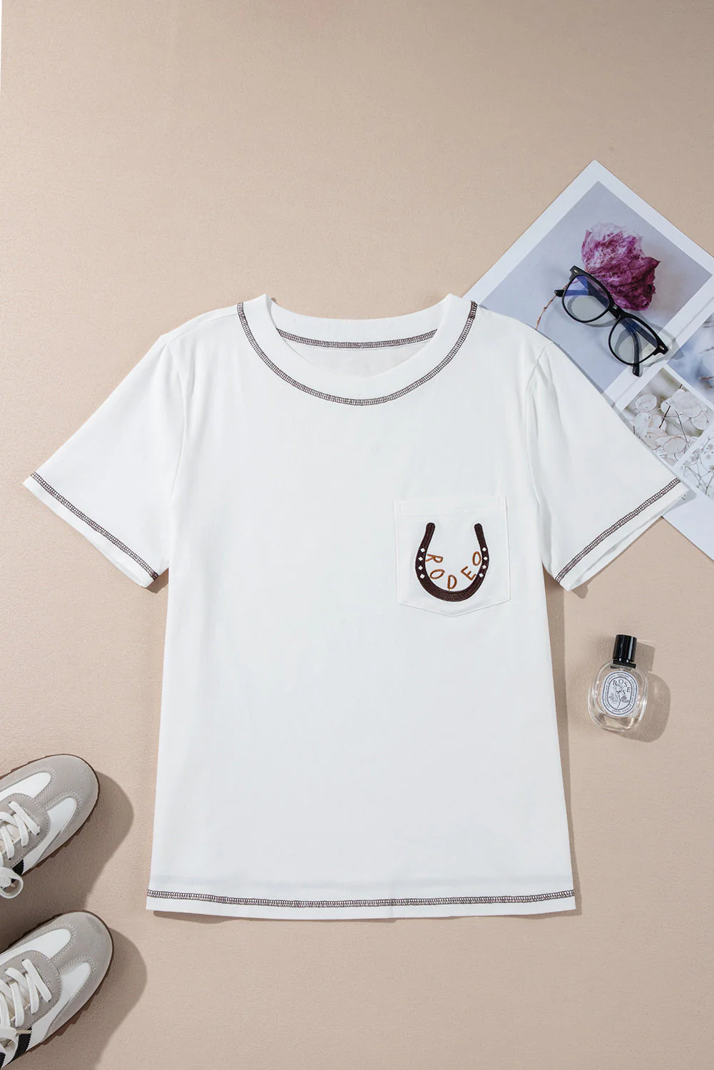 Threaded Pear Horseshoe Embroidered Patch Pocket Tee - Image 7