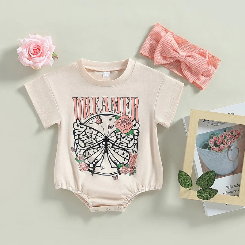 Infant Baby Girl 2Pcs Bodysuit Short Sleeve Dreamer Butterfly Flower Print Bubble Romper Bowknot Headband - Image 13