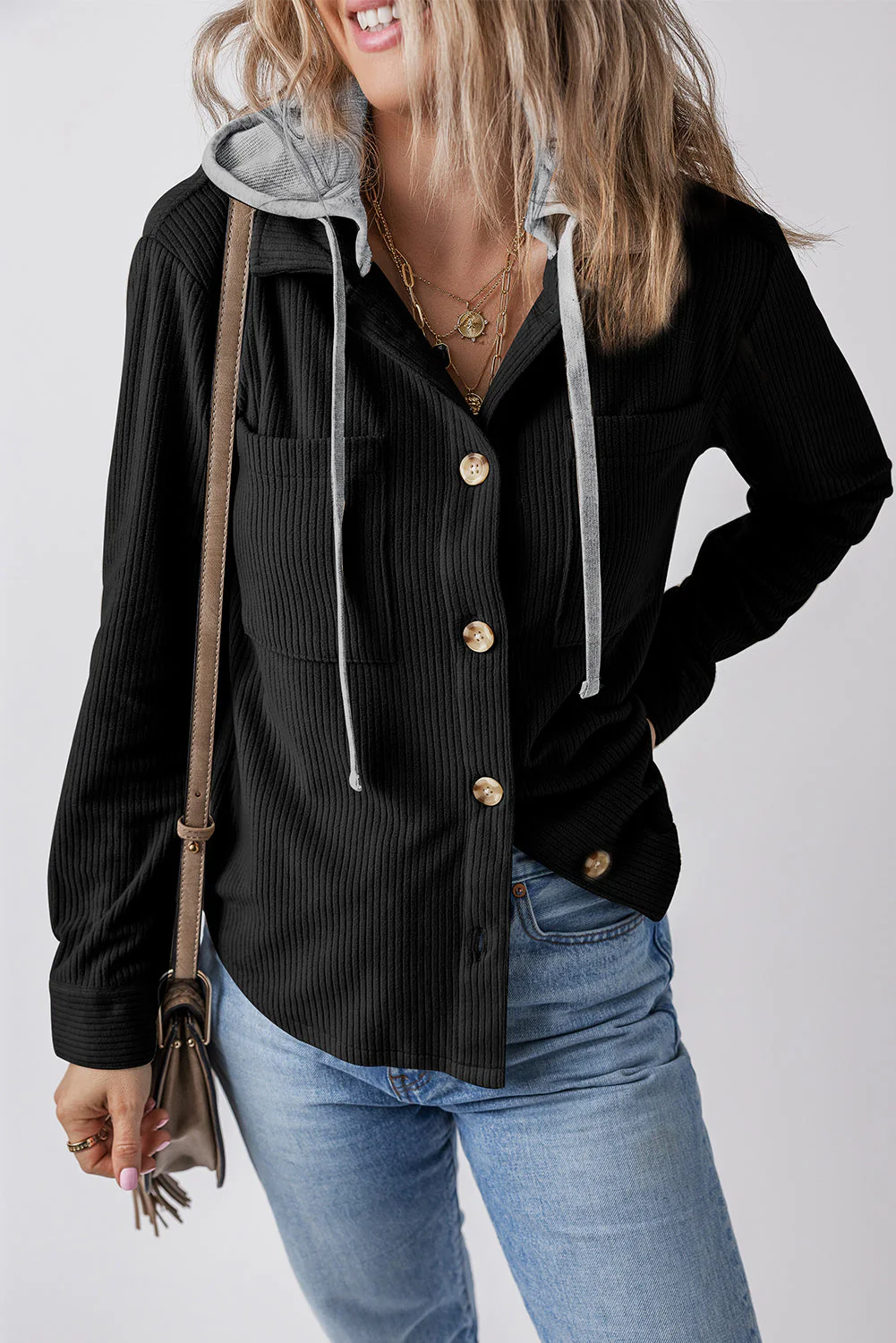 Threaded Pear Isabella Hooded Drawstring Corduroy Shacket - Image 3