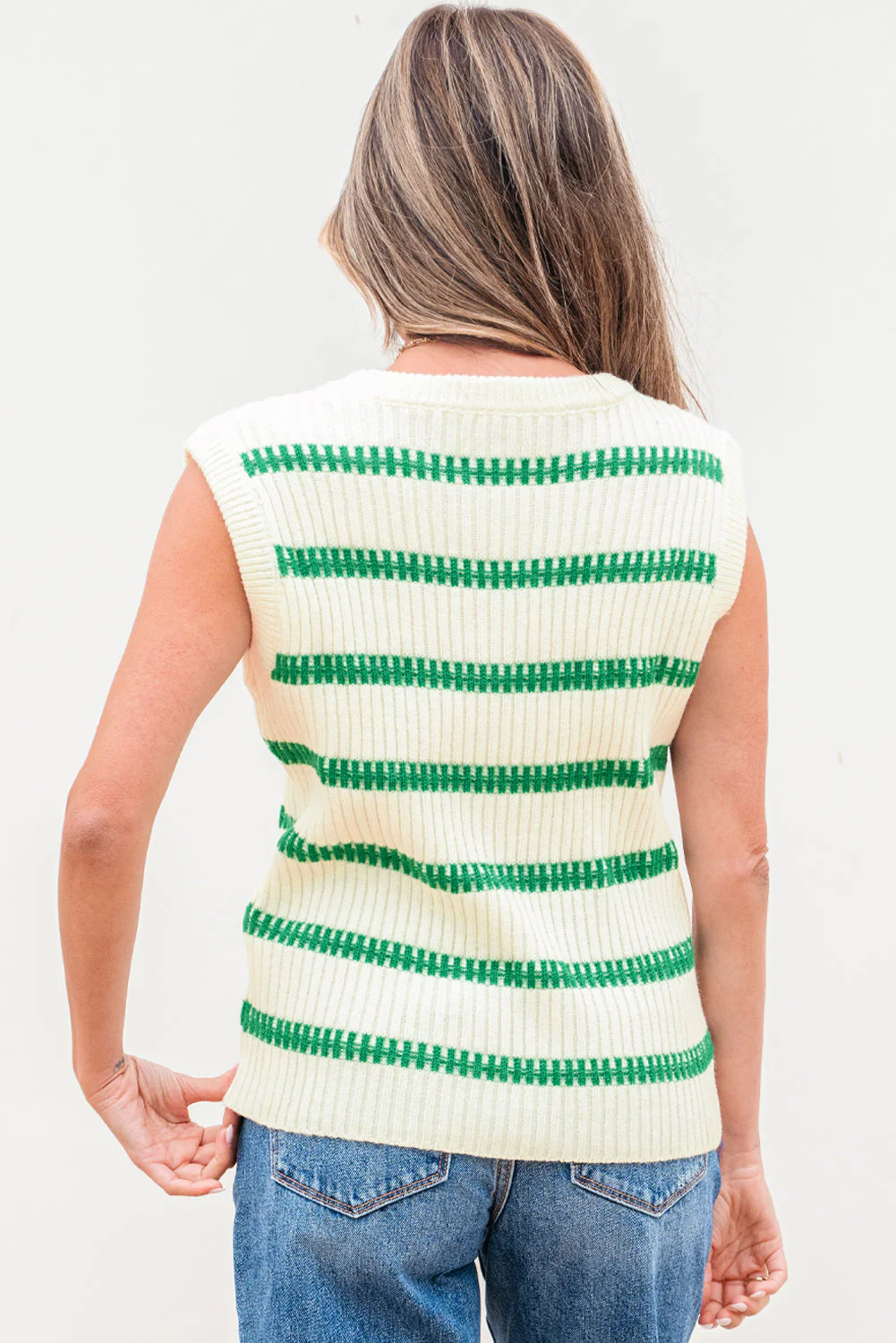 Threaded Pear Ivey Striped Round Neck Casual Sweater Vest - Image 2