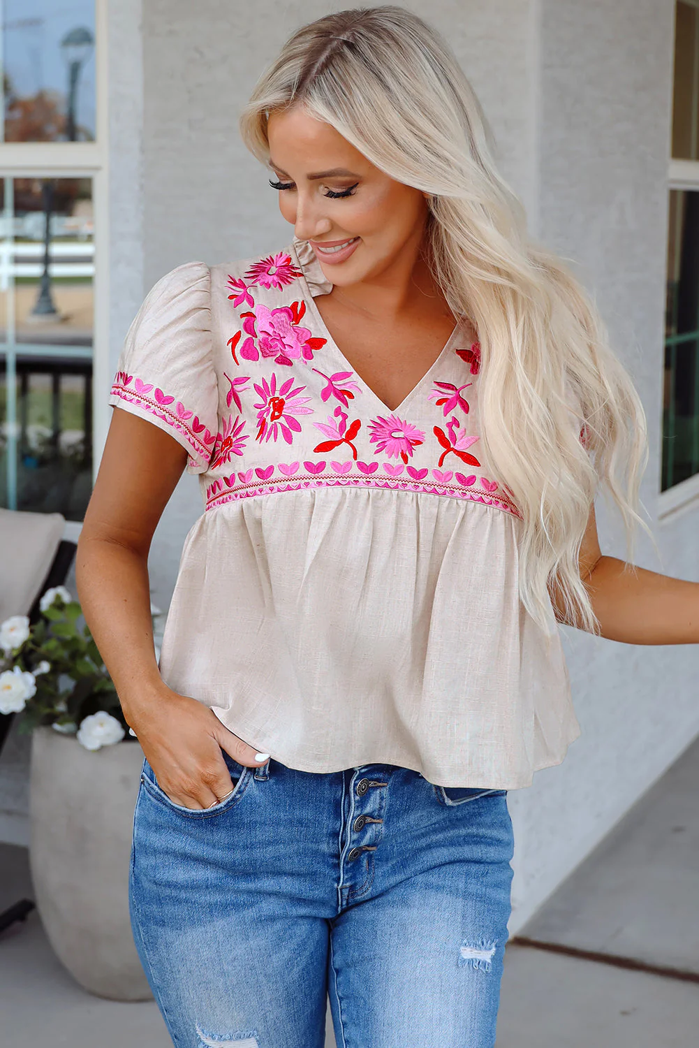 Threaded Pear Jaliyah Floral Embroidered Notched V Neck Blouse - Image 4