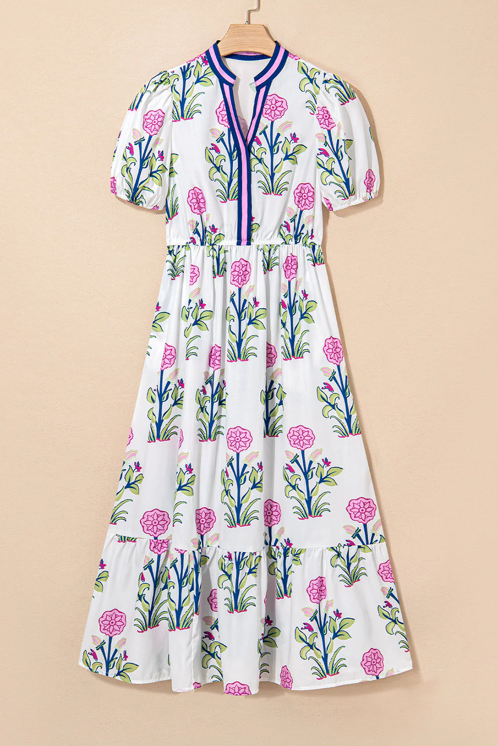 Threaded Pear Julietta Floral Puff Short Sleeve V Neck High Waist Maxi Dress - Image 8
