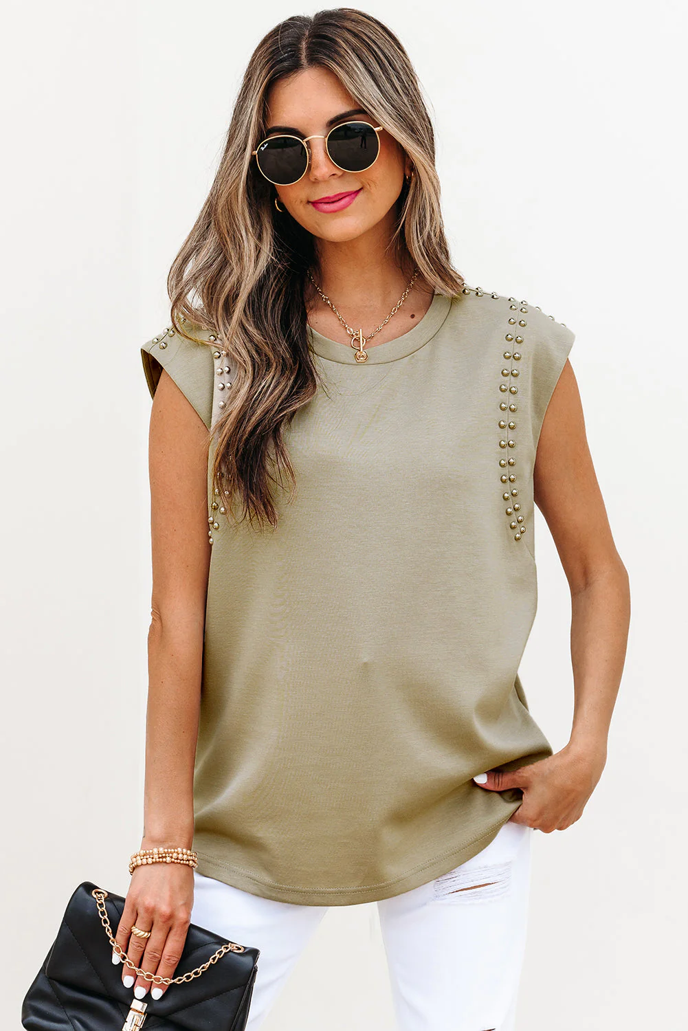 Threaded Pear Julietta Studded Cap Sleeve Round Neck Top - Image 4