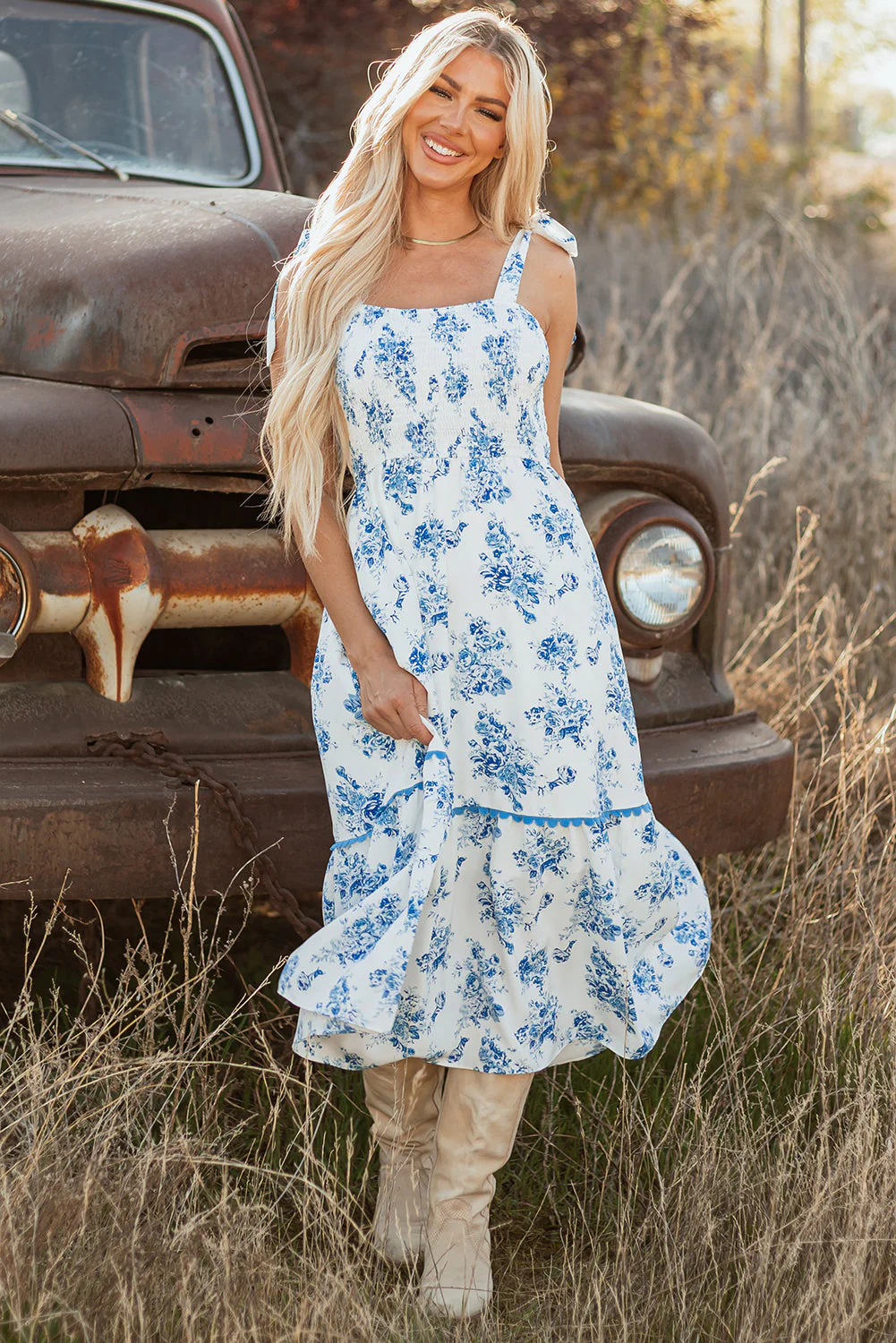 Threaded Pear Kai Floral Shirred Knot Shoulder Sleeveless Long Dress - Image 4