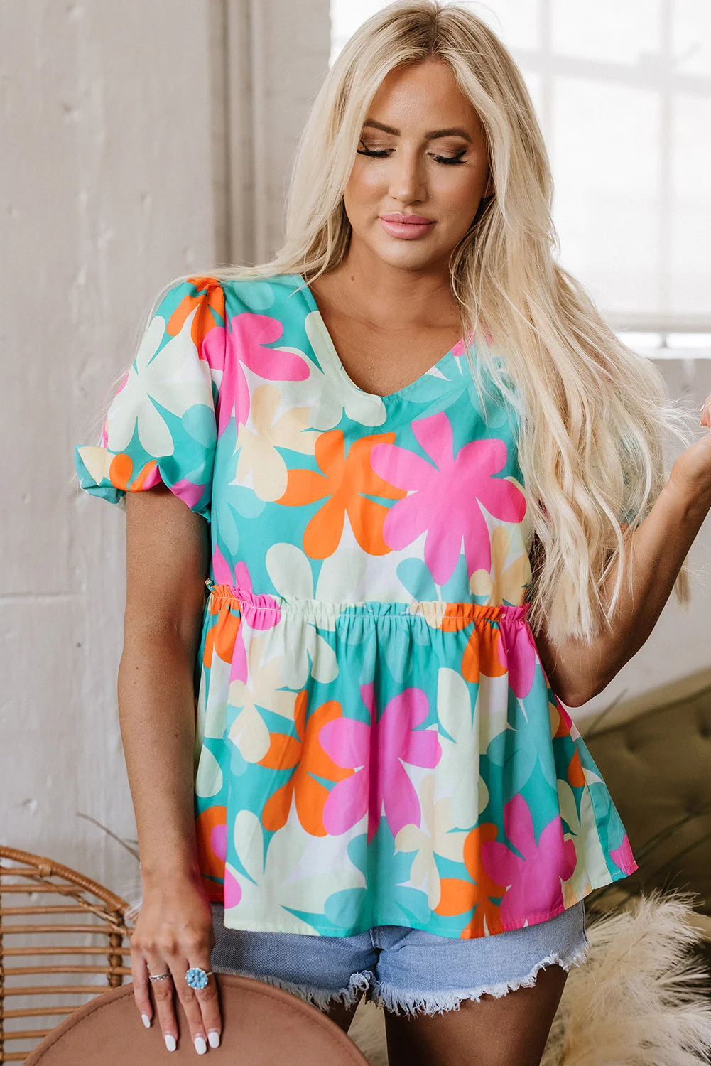 Threaded Pear Kathryn Bubble Sleeve Peplum Blouse - Image 5