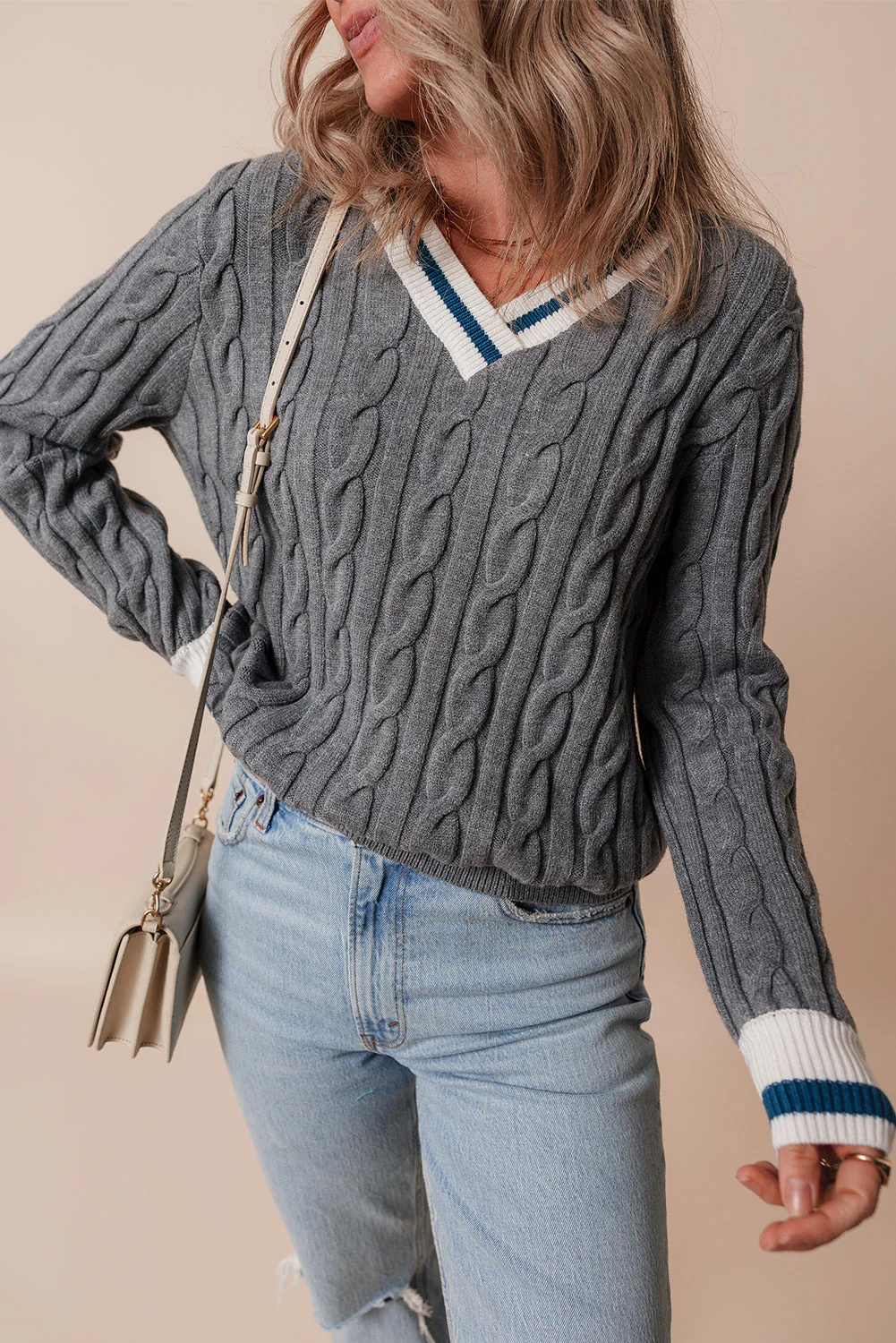 Threaded Pear Kayle Ribbed Edge Cable Knit V Neck Sweater - Image 5