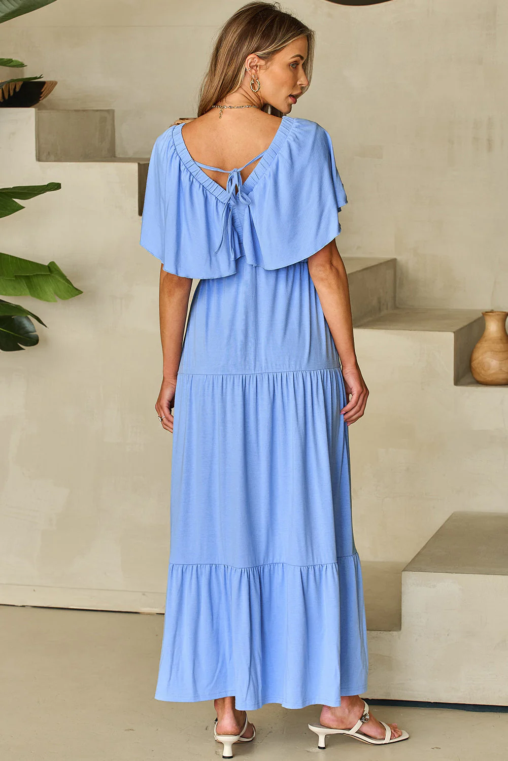 Threaded Pear Kelsey Textured Flutter Sleeve Ruffled Maxi Dress - Image 2