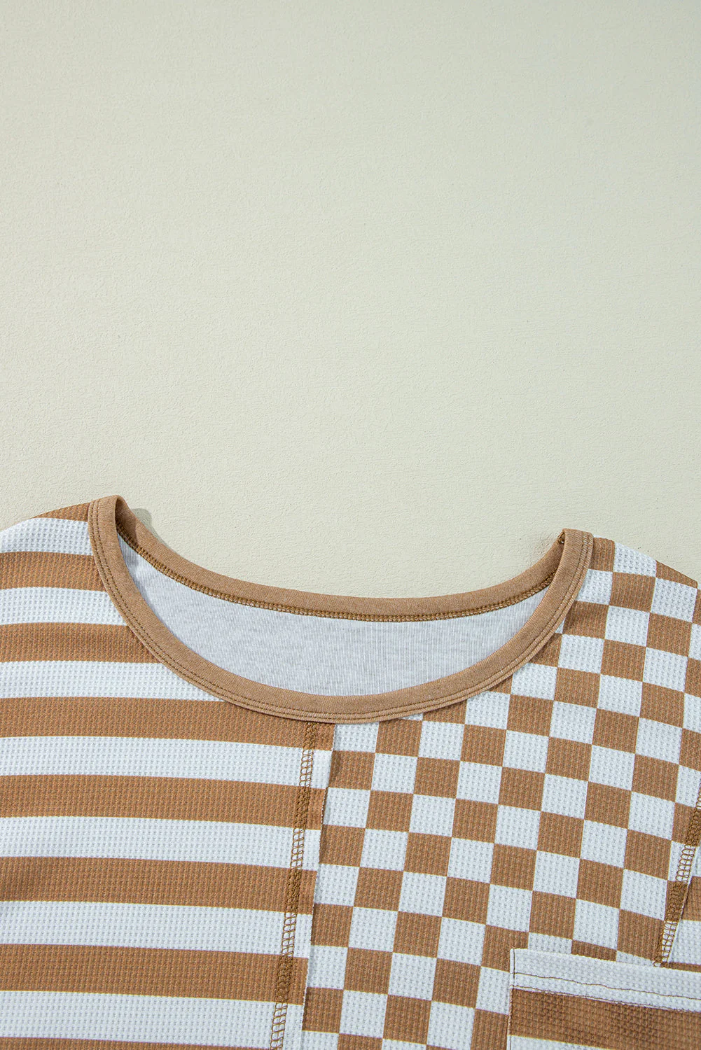 Threaded Pear Khaki Striped Checkered Mixed Print Chest Pocket Casual Plus Size Top - Image 9