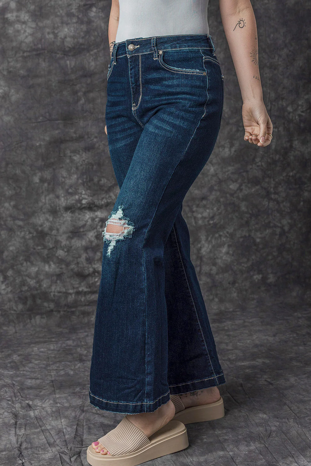 Threaded Pear Khloe High Rise Ripped Bell Bottom Jeans - Image 3