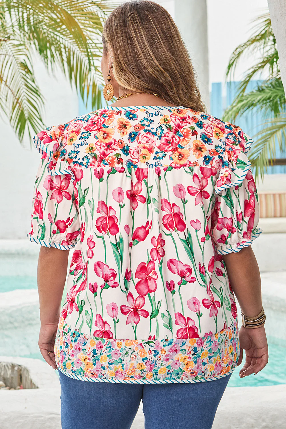 Threaded Pear Kiara Plus Size Floral Striped Trim V Neck Blouse - Image 2