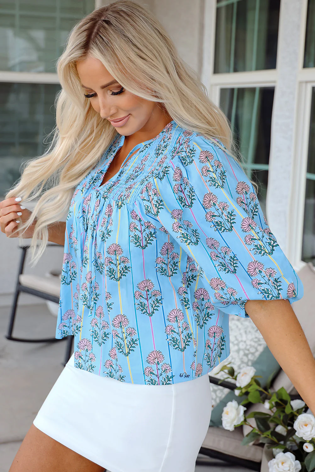 Threaded Pear Kinley Floral Shirred Yoke Split Neck Blouse - Image 3