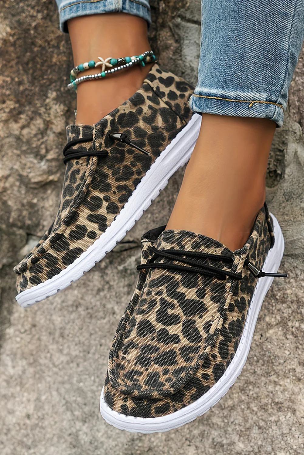 Threaded Pear Kira Lace-up Decor Leopard Canvas Shoes - Image 4