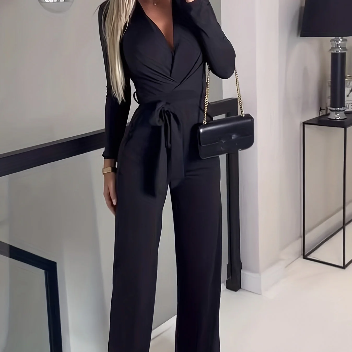 Ladies' Fashionable Slim Fit Sexy V-neck Long Sleeved Slimming Jumpsuit - Image 5