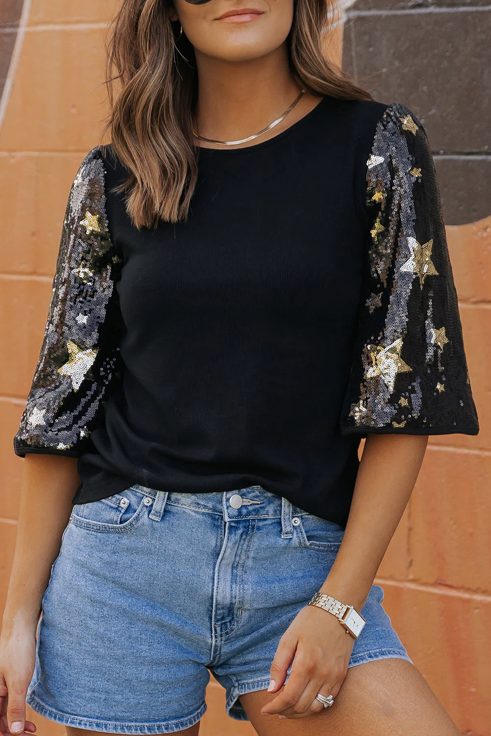 Threaded Pear Lara Splicing Half Sleeve Top - Image 7