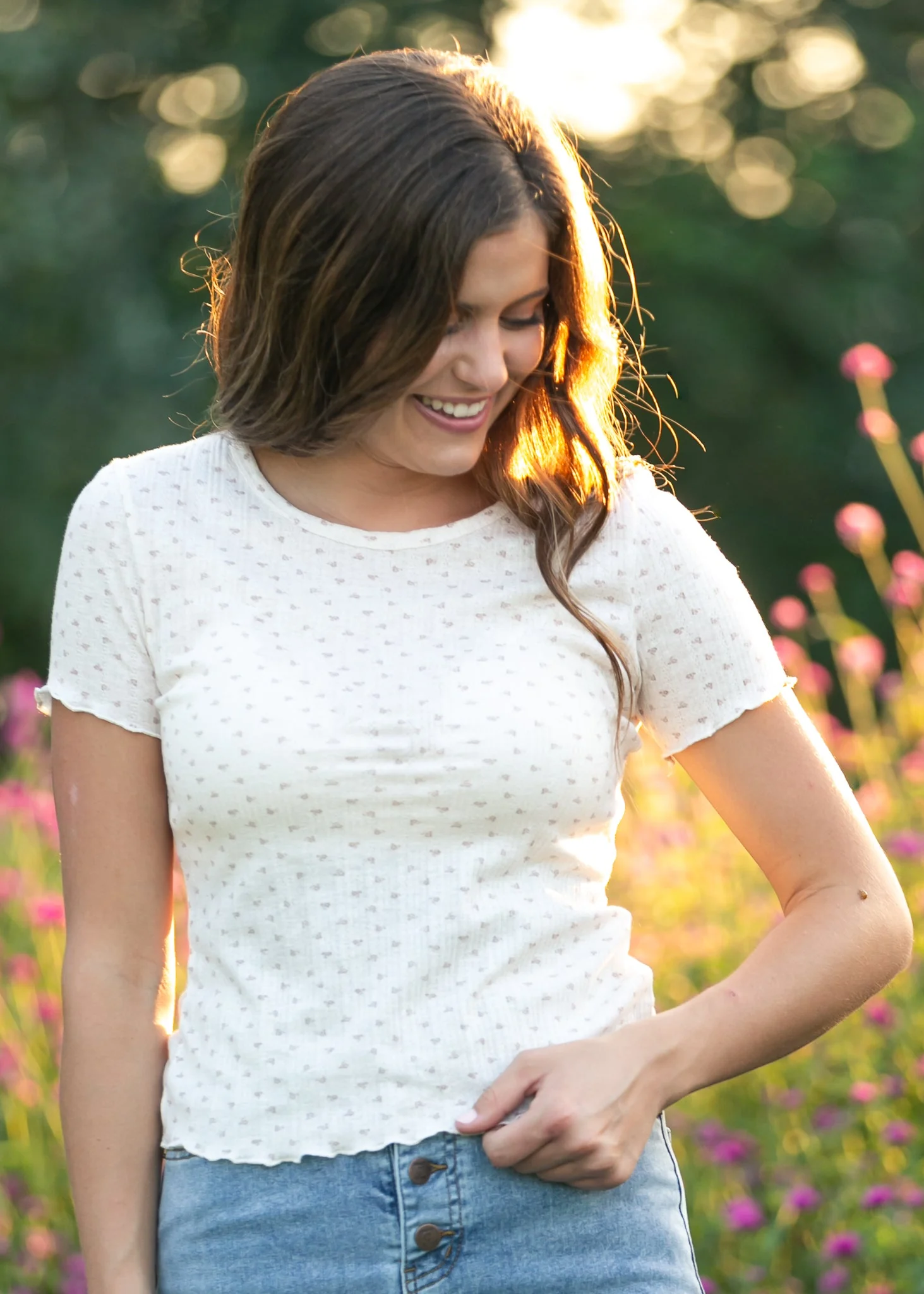 Larza Taupe Floral Lettuce Hem Top - Image 5