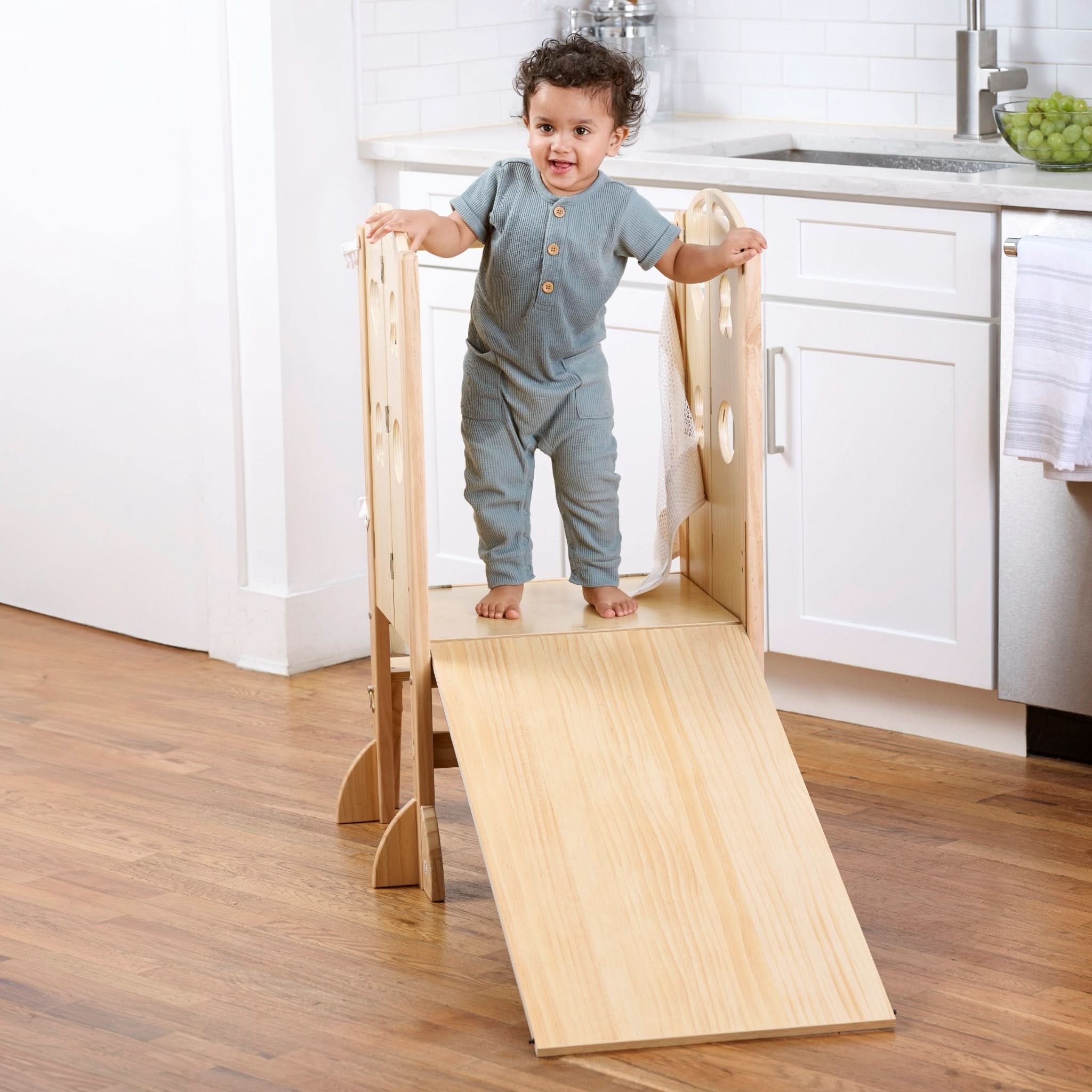 Laurel 4-in-1 Foldable Kitchen Tower, Step Stool, Slide & Chalkboard for Toddlers - Image 6