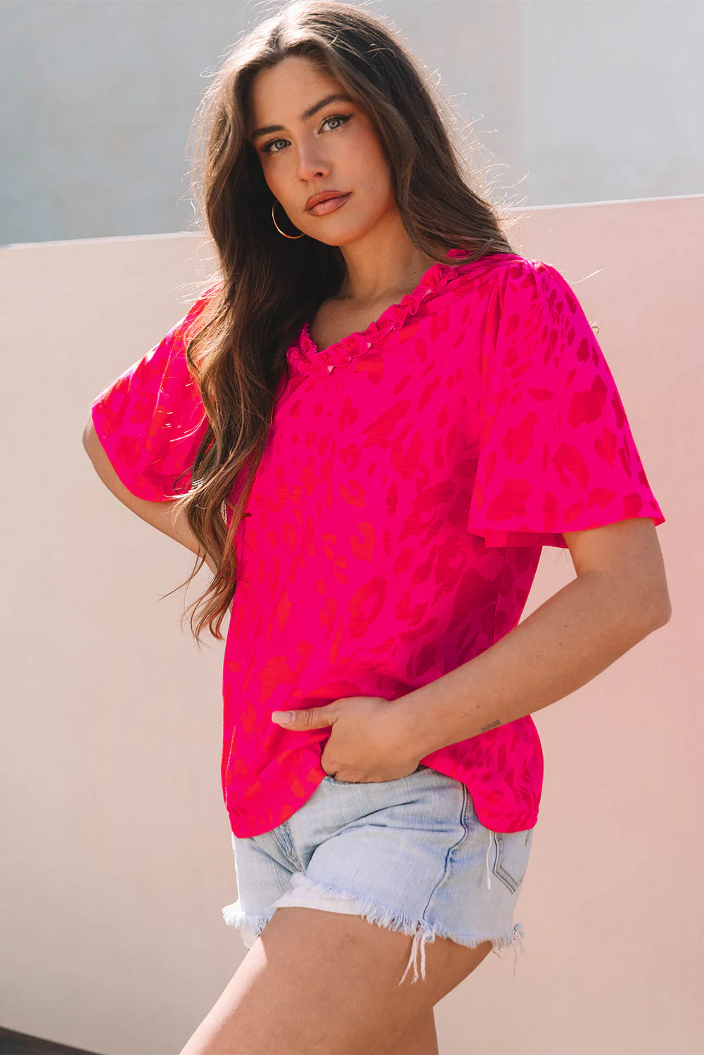 Threaded Pear Laurel Leopard Frilly V Neck Short Sleeve Blouse - Image 3