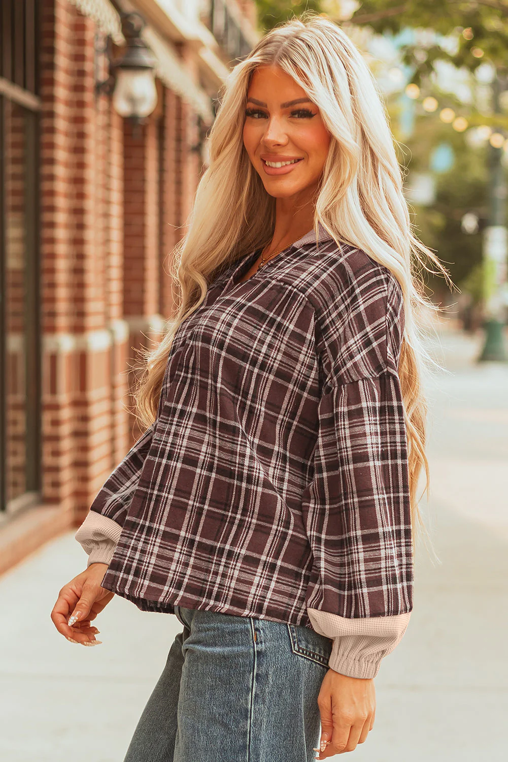 Threaded Pear Lauren Plaid Patchwork Long Sleeve Hooded Top - Image 3