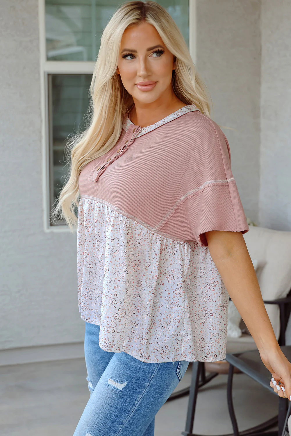 Threaded Pear Legacy Waffle Floral Exposed Seam Top - Image 3