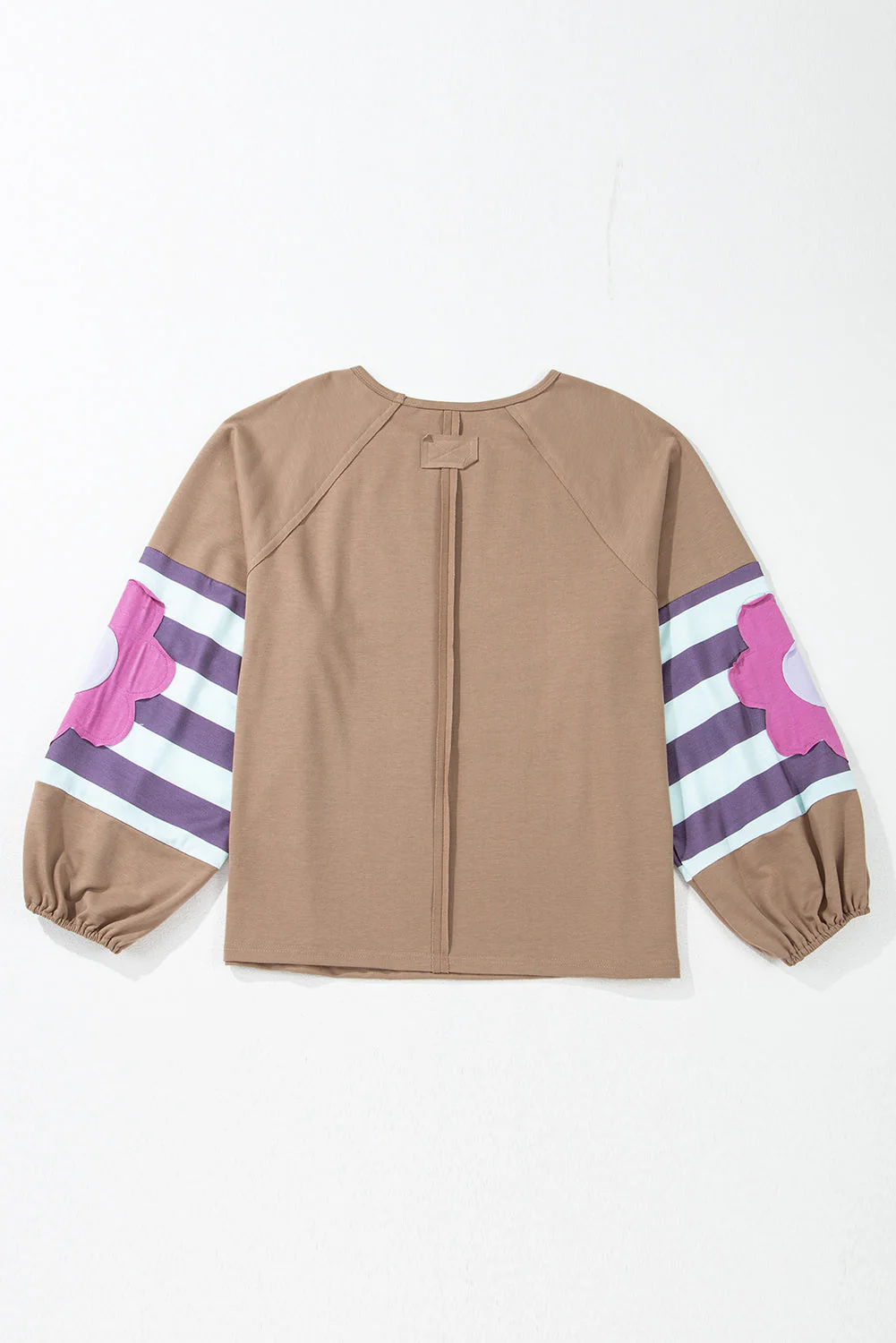 Threaded Pear Light French Beige Flower Striped Patchwork Puff Sleeve Loose PLUS Sweatshirt - Image 2
