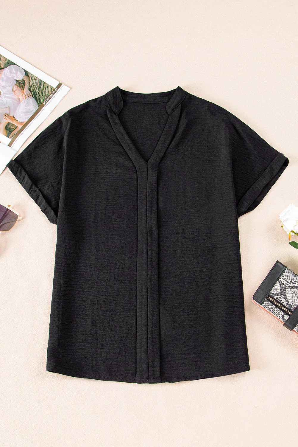 Threaded Pear Lilla Notched Neck Batwing Sleeve Lightweight Blouse - Image 10