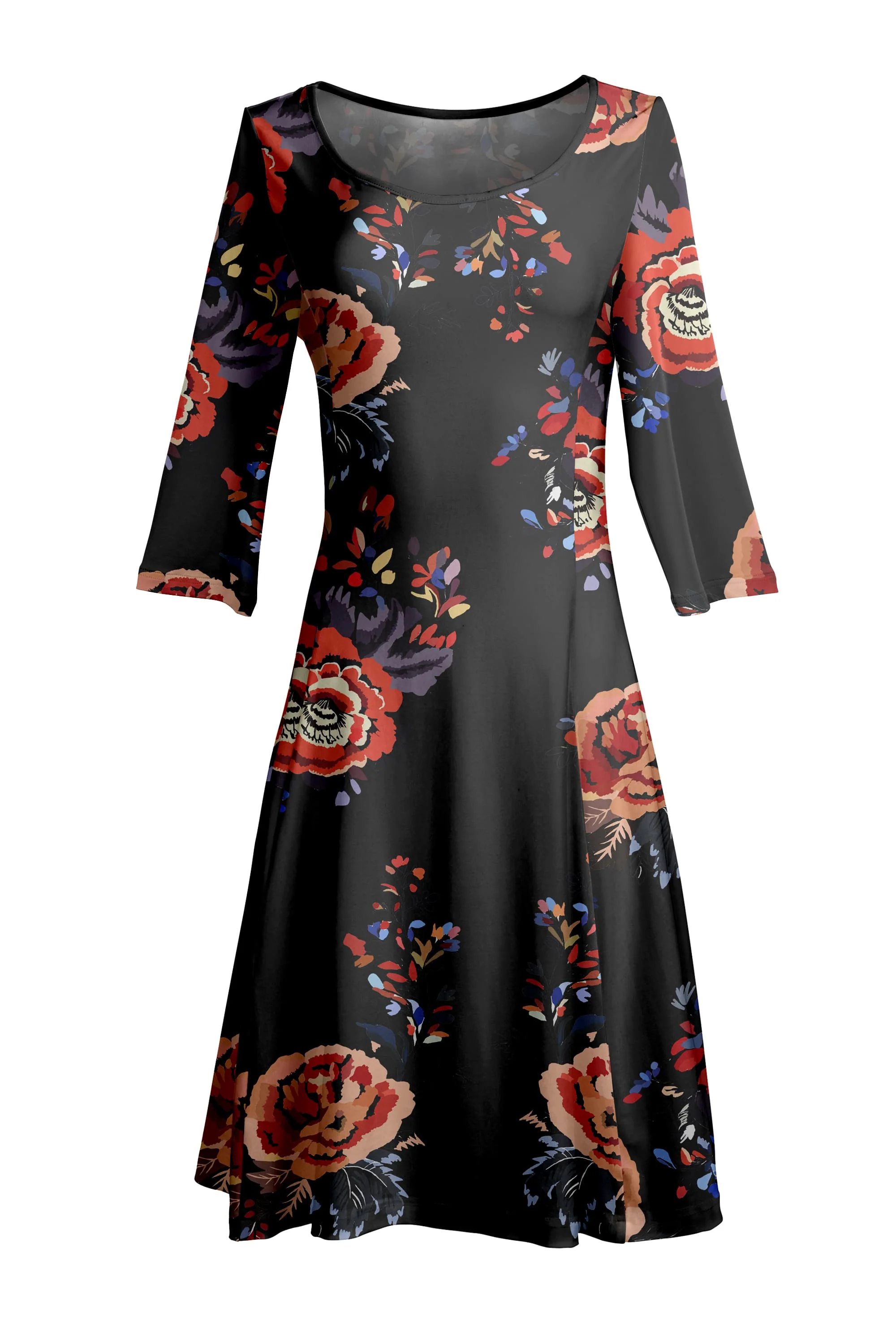 Lily by Firmiana Women’s ¾ Sleeve Fit-and-Flare Dress Gold & Black Floral Pattern - Image 8
