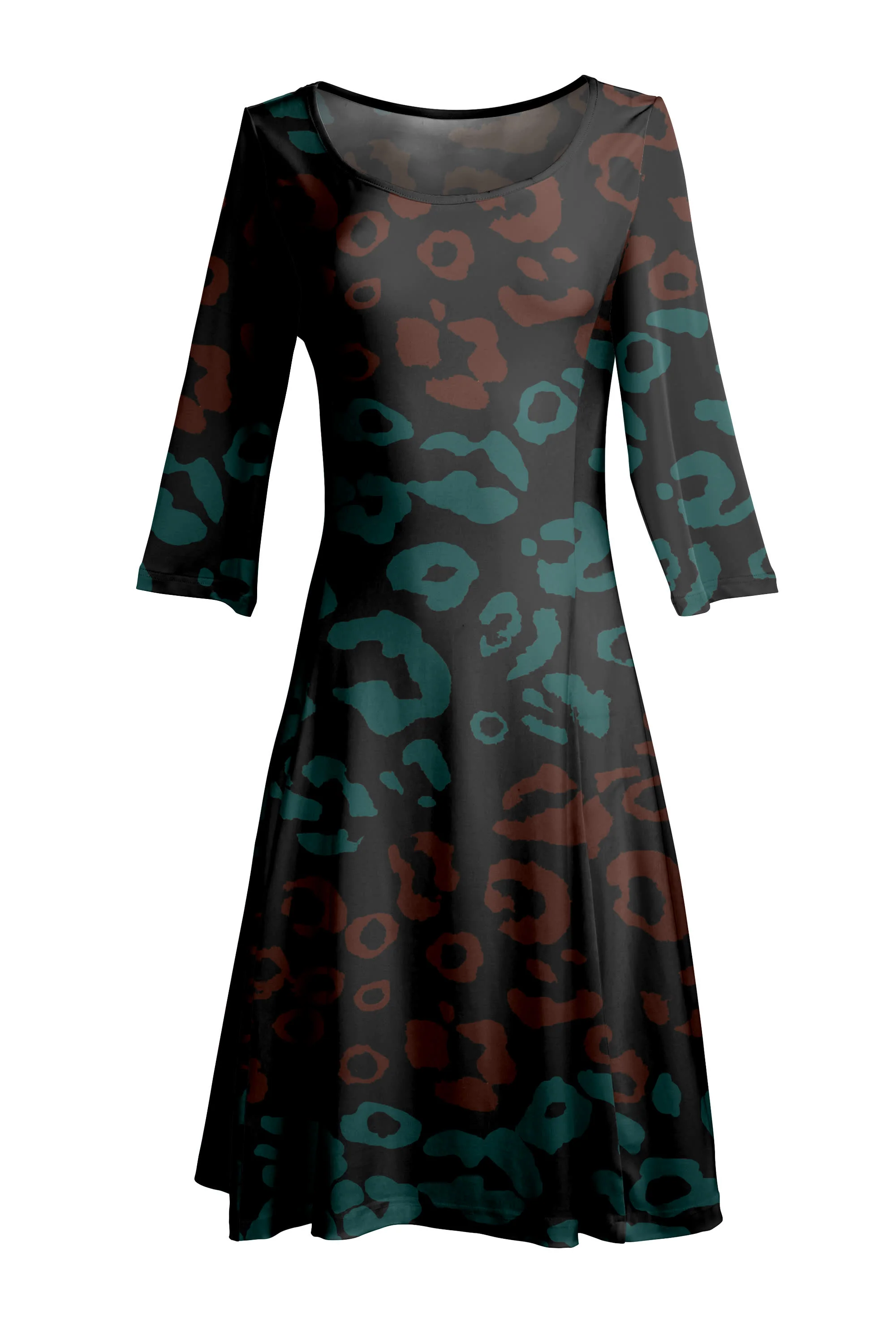Lily by Firmiana Women’s ¾ Sleeve Fit-and-Flare Dress Teal & Brown Baroque Print