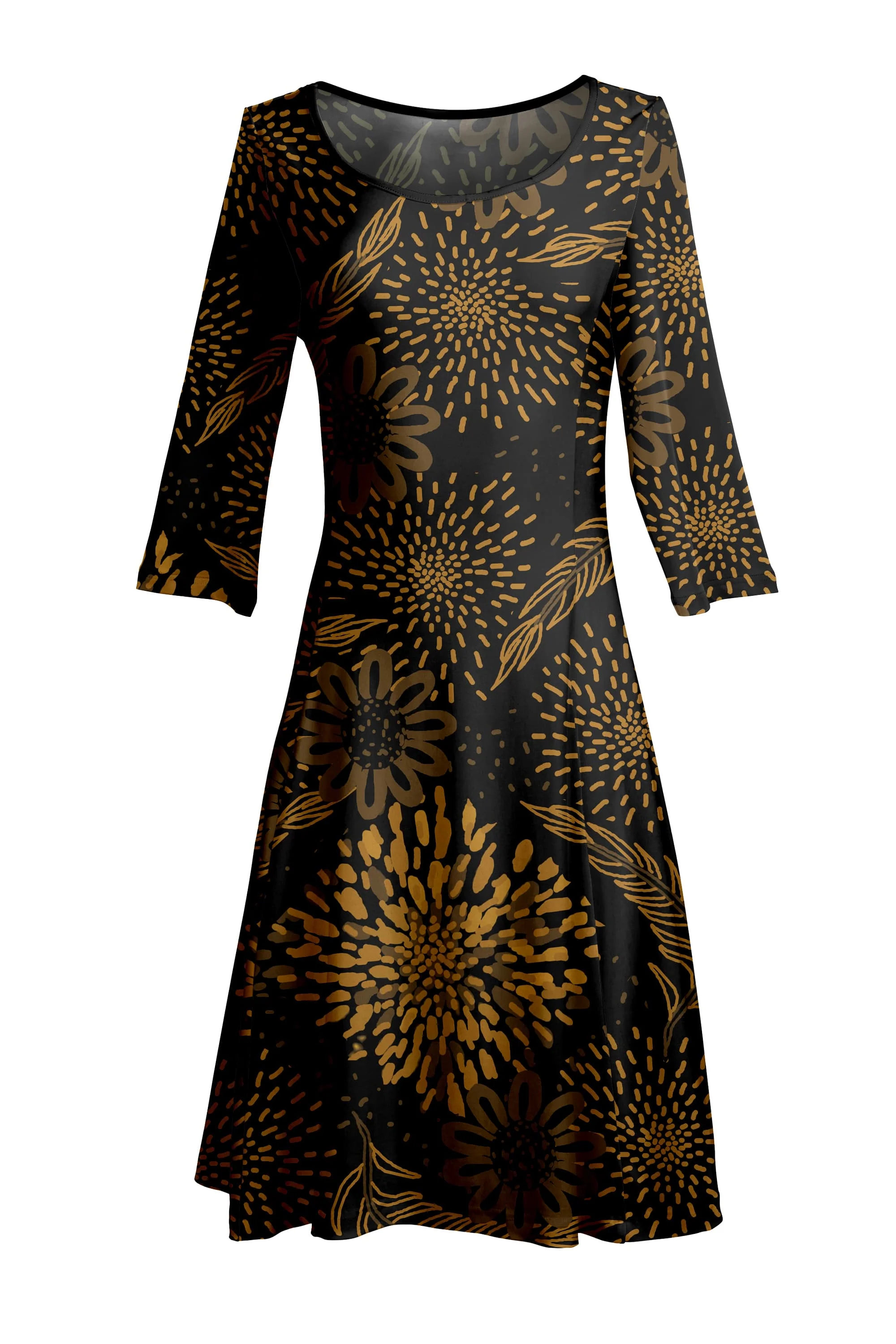 Lily by Firmiana Women’s ¾ Sleeve Fit-and-Flare Dress Teal & Brown Baroque Print - Image 3